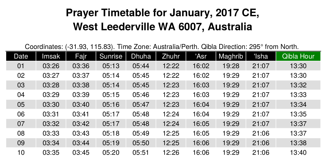 Namaz Time Table Chart 2017