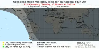 HilalMap: Crescent Visibility Map Muharram 1434 AH. Moon sighting on Tuesday, 13 November 2012 AD.
