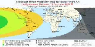 HilalMap: Crescent Visibility Map Safar 1434 AH. Moon sighting on Thursday, 13 December 2012 AD.