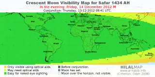 HilalMap: Crescent Visibility Map Safar 1434 AH. Moon sighting on Friday, 14 December 2012 AD.
