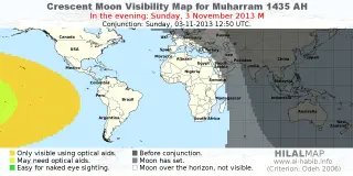 HilalMap: Crescent Visibility Map Muharram 1435 AH. Moon sighting on Sunday, 3 November 2013 AD.