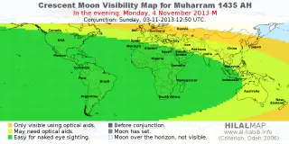 HilalMap: Crescent Visibility Map Muharram 1435 AH. Moon sighting on Monday, 4 November 2013 AD.