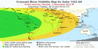 HilalMap: Crescent Visibility Map Safar 1435 AH. Moon sighting on Tuesday, 3 December 2013 AD.