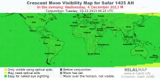 HilalMap: Crescent Visibility Map Safar 1435 AH. Moon sighting on Wednesday, 4 December 2013 AD.
