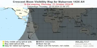 HilalMap: Crescent Visibility Map Muharram 1436 AH. Moon sighting on Thursday, 23 October 2014 AD.