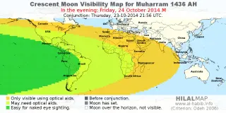 HilalMap: Crescent Visibility Map Muharram 1436 AH. Moon sighting on Friday, 24 October 2014 AD.