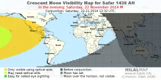 HilalMap: Crescent Visibility Map Safar 1436 AH. Moon sighting on Saturday, 22 November 2014 AD.