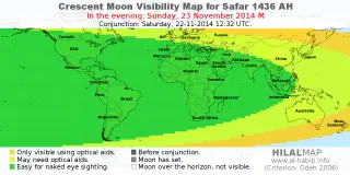 HilalMap: Crescent Visibility Map Safar 1436 AH. Moon sighting on Sunday, 23 November 2014 AD.