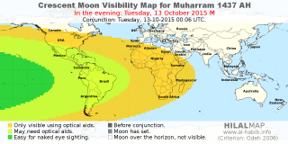 HilalMap: Crescent Visibility Map Muharram 1437 AH. Moon sighting on Tuesday, 13 October 2015 AD.
