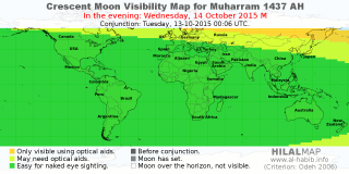 HilalMap: Crescent Visibility Map Muharram 1437 AH. Moon sighting on Wednesday, 14 October 2015 AD.