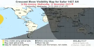 HilalMap: Crescent Visibility Map Safar 1437 AH. Moon sighting on Wednesday, 11 November 2015 AD.