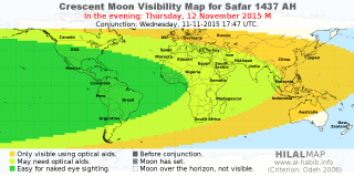 HilalMap: Crescent Visibility Map Safar 1437 AH. Moon sighting on Thursday, 12 November 2015 AD.