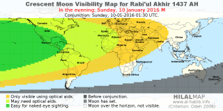 HilalMap: Crescent Visibility Map Rabi'ul-Akhir 1437 AH. Moon sighting on Sunday, 10 January 2016 AD.