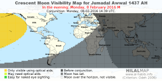 HilalMap: Crescent Visibility Map Jumadal-Awwal 1437 AH. Moon sighting on Monday,  8 February 2016 AD.