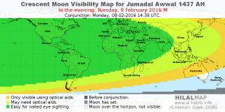 HilalMap: Crescent Visibility Map Jumadal-Awwal 1437 AH. Moon sighting on Tuesday,  9 February 2016 AD.