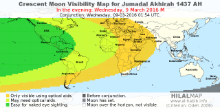 HilalMap: Crescent Visibility Map Jumadal-Akhirah 1437 AH. Moon sighting on Wednesday,  9 March 2016 AD.