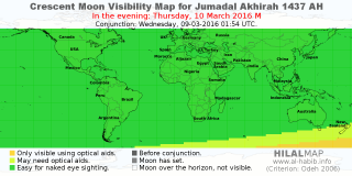 HilalMap: Crescent Visibility Map Jumadal-Akhirah 1437 AH. Moon sighting on Thursday, 10 March 2016 AD.