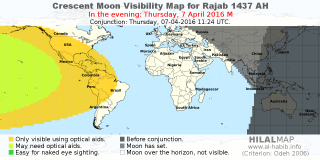 HilalMap: Crescent Visibility Map Rajab 1437 AH. Moon sighting on Thursday,  7 April 2016 AD.