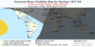 HilalMap: Crescent Visibility Map Sha'ban 1437 AH. Moon sighting on Friday,  6 May 2016 AD.