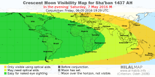 HilalMap: Crescent Visibility Map Sha'ban 1437 AH. Moon sighting on Saturday,  7 May 2016 AD.