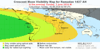 HilalMap: Crescent Visibility Map Ramadan 1437 AH. Moon sighting on Sunday,  5 June 2016 AD.