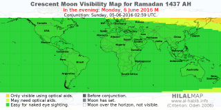 HilalMap: Crescent Visibility Map Ramadan 1437 AH. Moon sighting on Monday,  6 June 2016 AD.