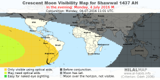 HilalMap: Crescent Visibility Map Shawwal 1437 AH. Moon sighting on Monday,  4 July 2016 AD.