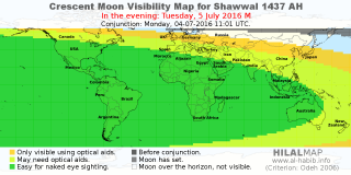 HilalMap: Crescent Visibility Map Shawwal 1437 AH. Moon sighting on Tuesday,  5 July 2016 AD.