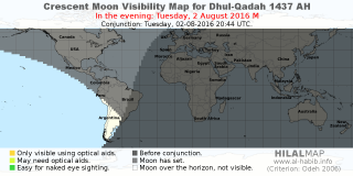 HilalMap: Crescent Visibility Map Dhul-Qadah 1437 AH. Moon sighting on Tuesday,  2 August 2016 AD.