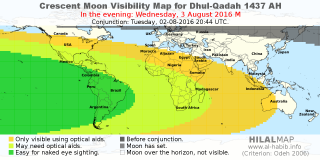 HilalMap: Crescent Visibility Map Dhul-Qadah 1437 AH. Moon sighting on Wednesday,  3 August 2016 AD.