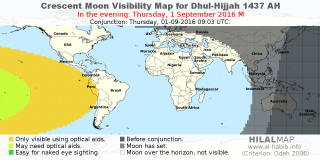 HilalMap: Crescent Visibility Map Dhul-Hijjah 1437 AH. Moon sighting on Thursday,  1 September 2016 AD.