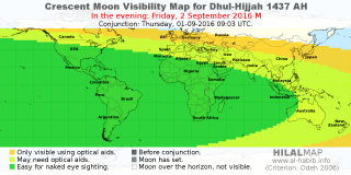 HilalMap: Crescent Visibility Map Dhul-Hijjah 1437 AH. Moon sighting on Friday,  2 September 2016 AD.