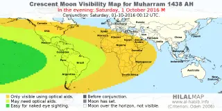 HilalMap: Crescent Visibility Map Muharram 1438 AH. Moon sighting on Saturday, 1 October 2016 AD.