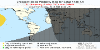 HilalMap: Crescent Visibility Map Safar 1438 AH. Moon sighting on Sunday, 30 October 2016 AD.