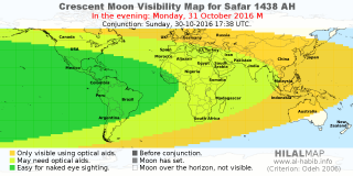 HilalMap: Crescent Visibility Map Safar 1438 AH. Moon sighting on Monday, 31 October 2016 AD.