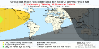 HilalMap: Crescent Visibility Map Rabi'ul-Awwal 1438 AH. Moon sighting on Tuesday, 29 November 2016 AD.