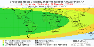HilalMap: Crescent Visibility Map Rabi'ul-Awwal 1438 AH. Moon sighting on Wednesday, 30 November 2016 AD.