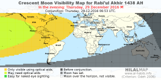 HilalMap: Crescent Visibility Map Rabi'ul-Akhir 1438 AH. Moon sighting on Thursday, 29 December 2016 AD.