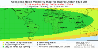 HilalMap: Crescent Visibility Map Rabi'ul-Akhir 1438 AH. Moon sighting on Friday, 30 December 2016 AD.