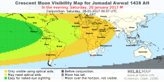 HilalMap: Crescent Visibility Map Jumadal-Awwal 1438 AH. Moon sighting on Saturday, 28 January 2017 AD.