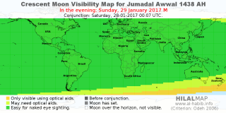 HilalMap: Crescent Visibility Map Jumadal-Awwal 1438 AH. Moon sighting on Sunday, 29 January 2017 AD.