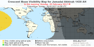 HilalMap: Crescent Visibility Map Jumadal-Akhirah 1438 AH. Moon sighting on Sunday, 26 February 2017 AD.