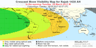 HilalMap: Crescent Visibility Map Rajab 1438 AH. Moon sighting on Tuesday, 28 March 2017 AD.