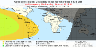 HilalMap: Crescent Visibility Map Sha'ban 1438 AH. Moon sighting on Wednesday, 26 April 2017 AD.