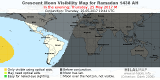 HilalMap: Crescent Visibility Map Ramadan 1438 AH. Moon sighting on Thursday, 25 May 2017 AD.