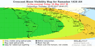 HilalMap: Crescent Visibility Map Ramadan 1438 AH. Moon sighting on Friday, 26 May 2017 AD.