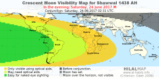 HilalMap: Crescent Visibility Map Shawwal 1438 AH. Moon sighting on Saturday, 24 June 2017 AD.