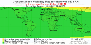 HilalMap: Crescent Visibility Map Shawwal 1438 AH. Moon sighting on Sunday, 25 June 2017 AD.
