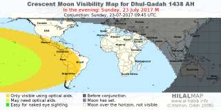 HilalMap: Crescent Visibility Map Dhul-Qadah 1438 AH. Moon sighting on Sunday, 23 July 2017 AD.