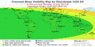 HilalMap: Crescent Visibility Map Dhul-Qadah 1438 AH. Moon sighting on Monday, 24 July 2017 AD.